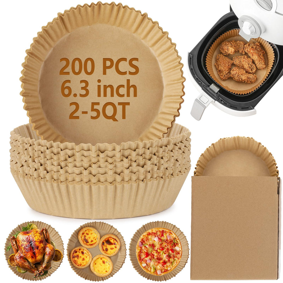 Tecbeauty 200pcs air fryer liners in a round basket help keep the fryer clean during cooking.