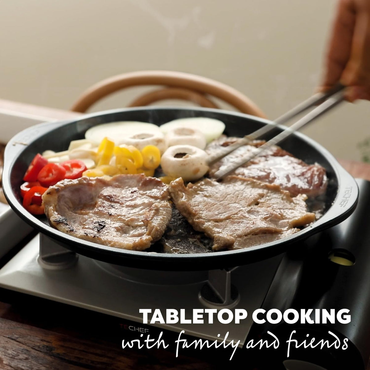 TECHEF cast-aluminum-heat design demonstrates steady, uniform cooking across the pan