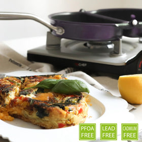 TECHEF stainless steel handle remains cool while cooking omelets.