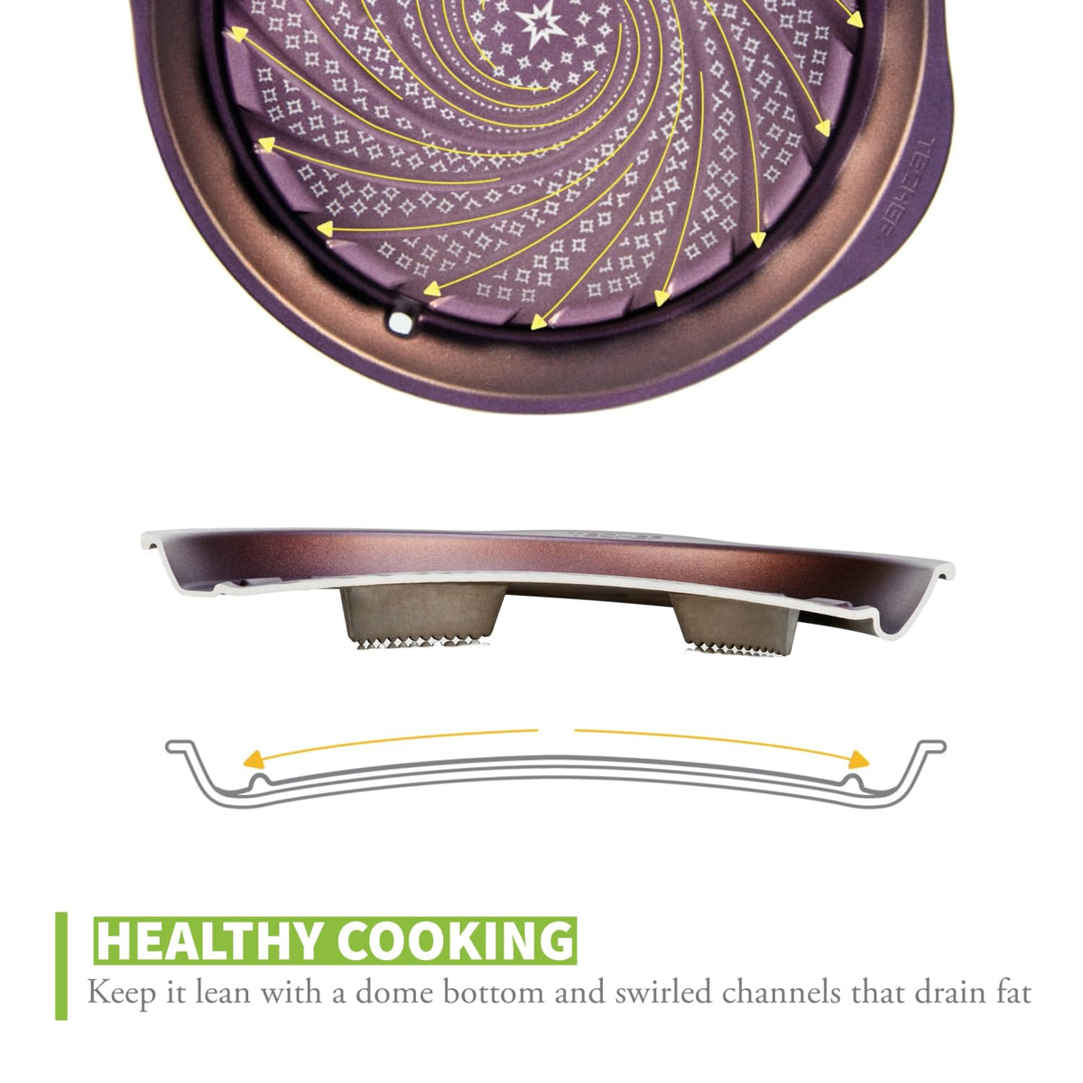 TECHEF swirl-channel-design image illustrating oil drainage while preserving flavor