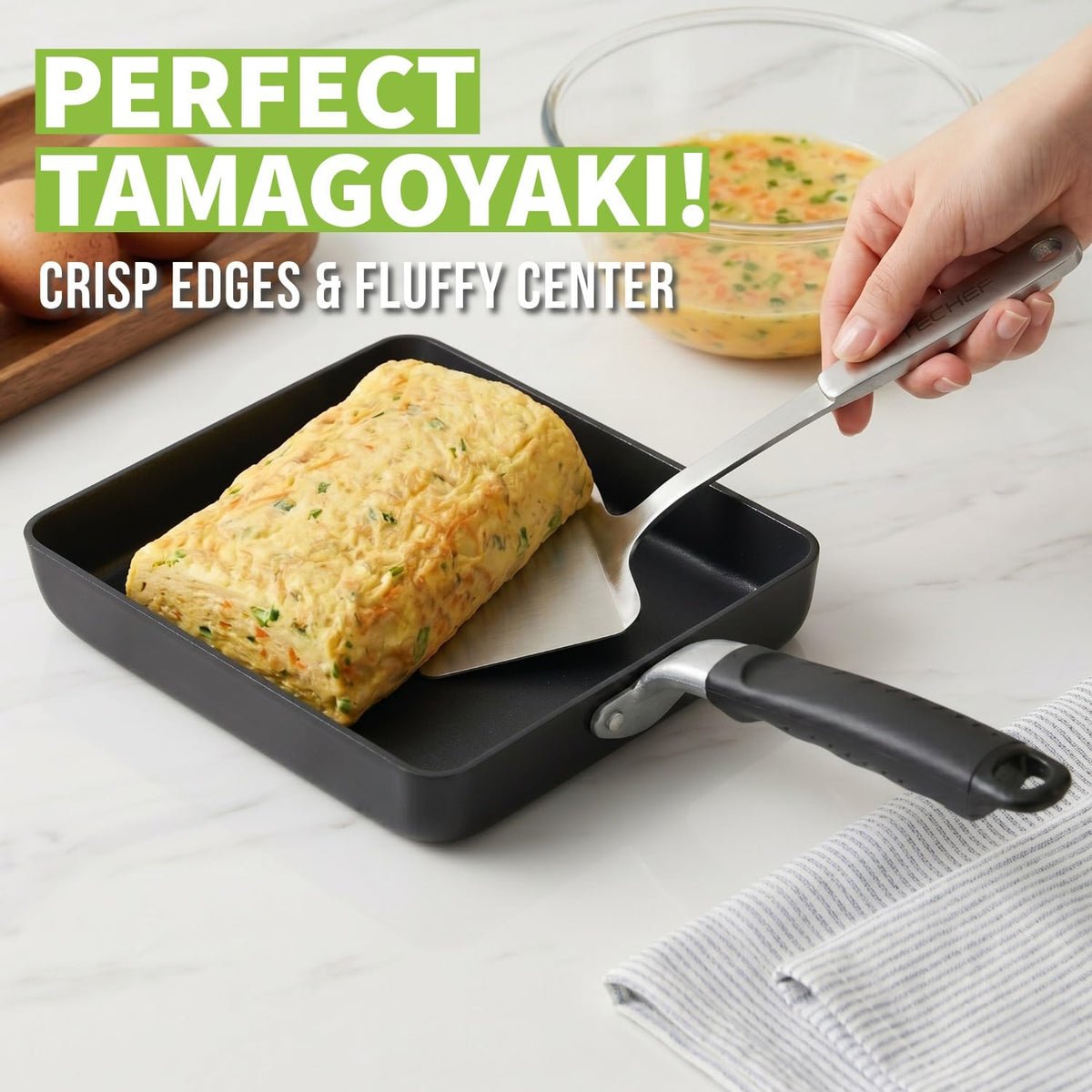 TECHEF Tamagoyaki pan nonstick coating closeup showing smooth food release