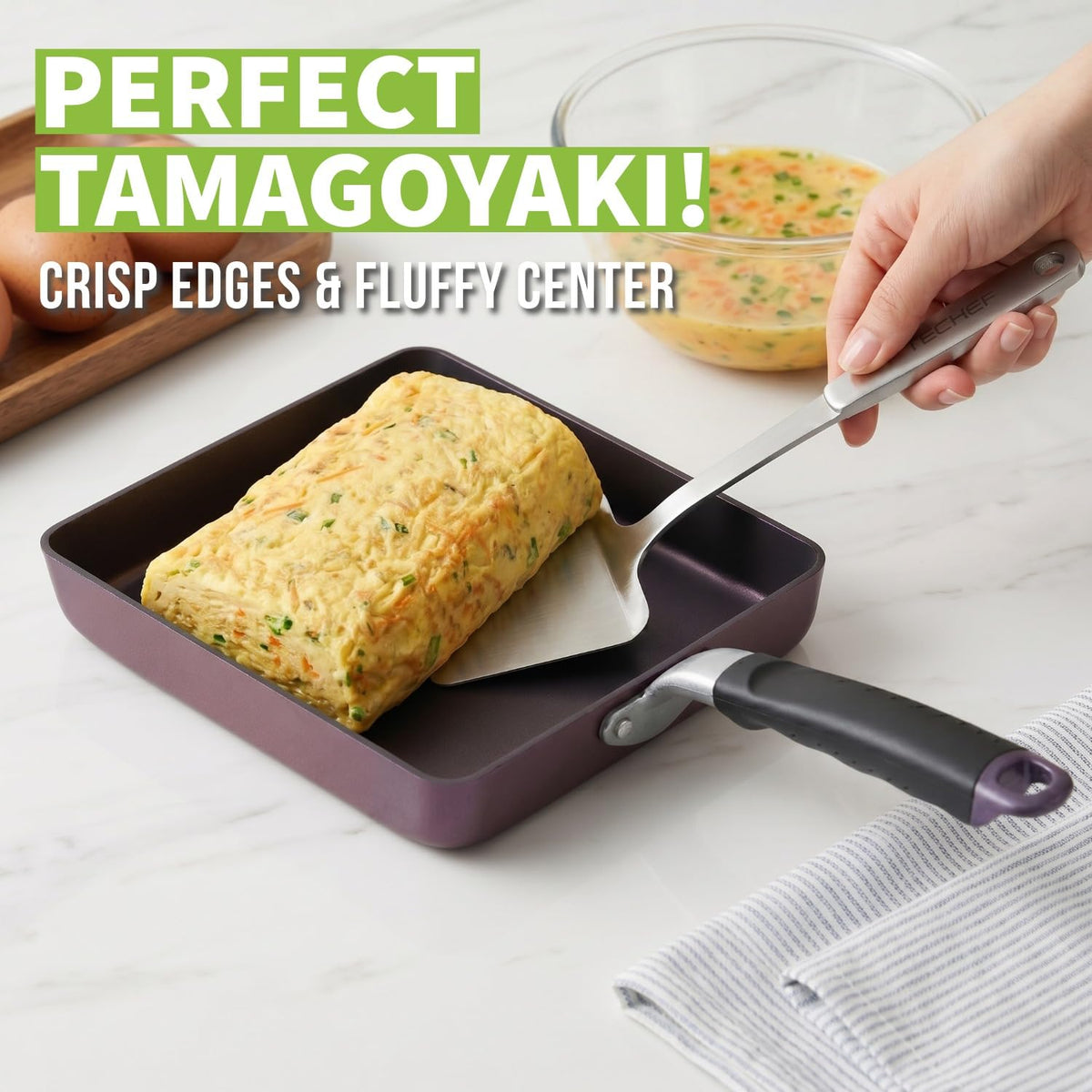 TECHEF Tamagoyaki pan close-up of nonstick coating for reduced sticking