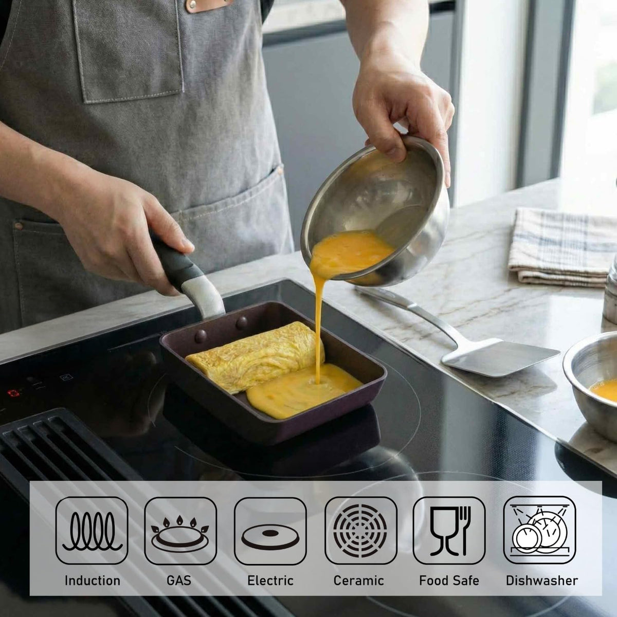 TECHEF Tamagoyaki Pan oven and dishwasher safe for convenient cleanup.