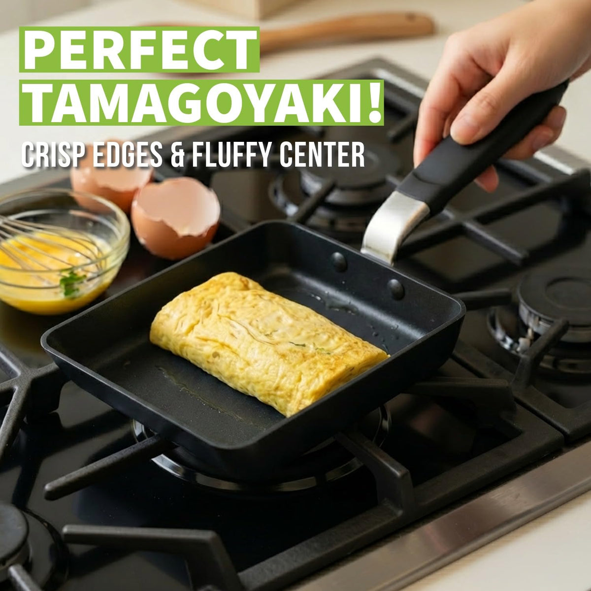 TECHEF Tamagoyaki Pan rolled-egg angle showing precise rolling and smooth release