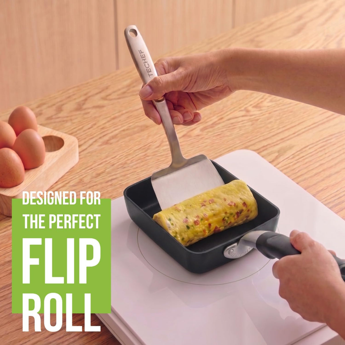 TECHEF Tamagoyaki Pan side profile emphasizes slim base for even heat distribution