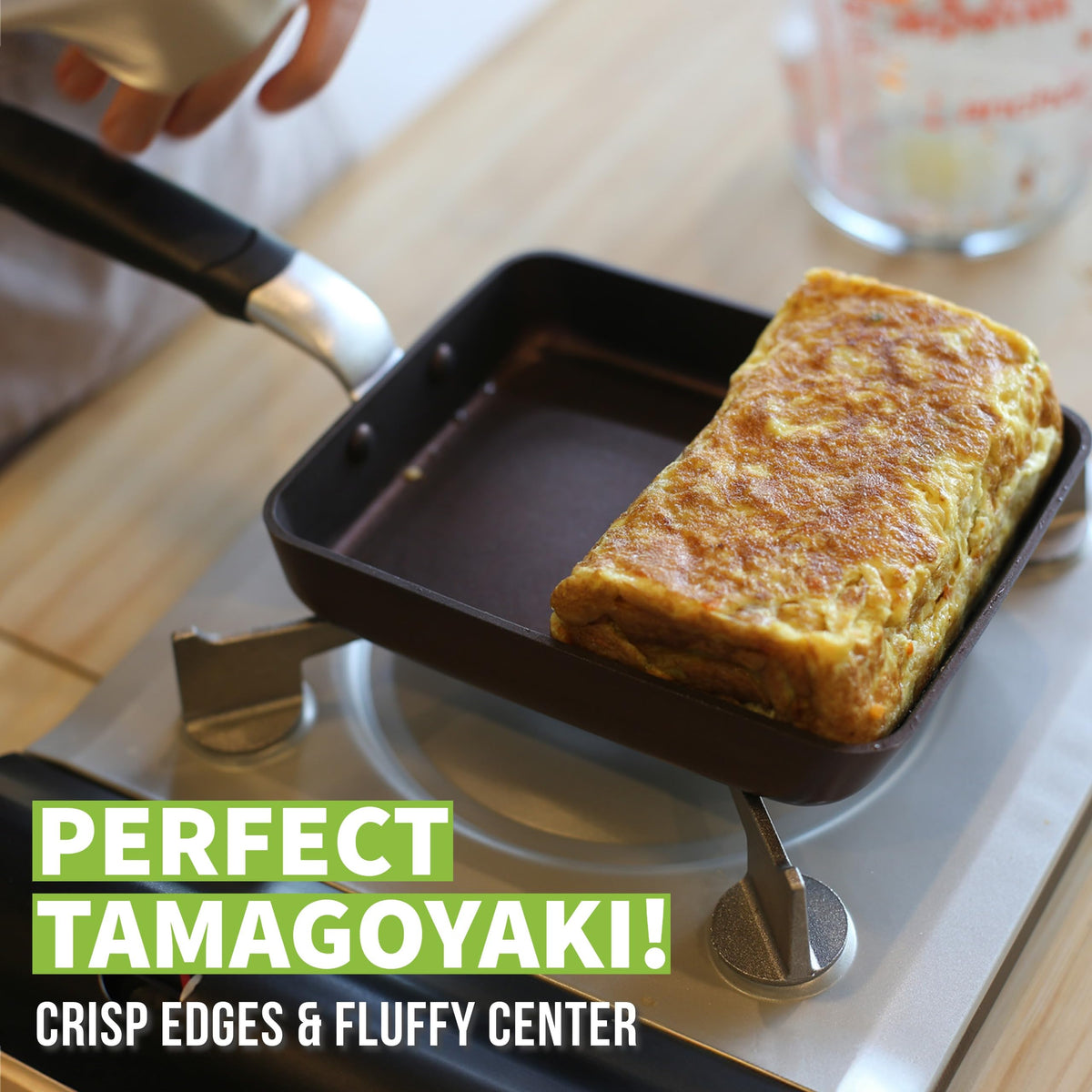 TECHEF Tamagoyaki Pan sloped front design aids smooth omelet roll.
