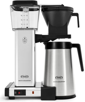 Technivorm Moccamaster KBGT 79312 polished silver front view with thermal carafe keeps coffee hot.