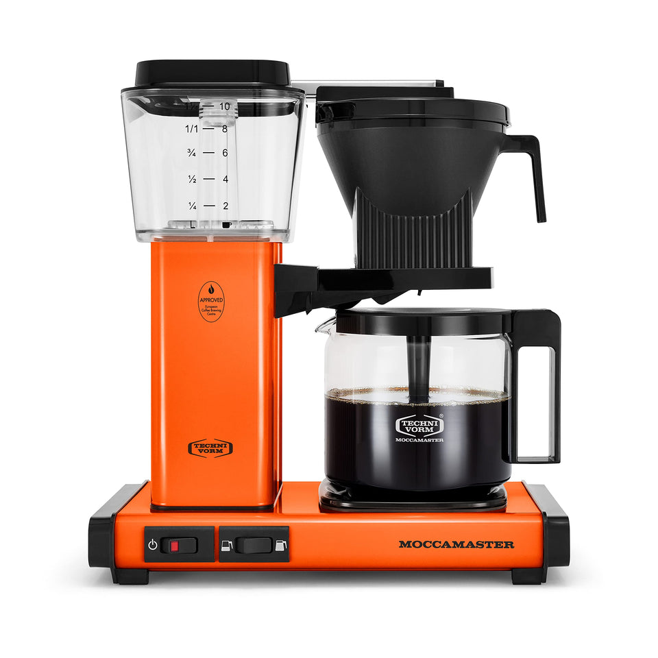 Technivorm Moccamaster KBGV orange front view highlights vibrant design and compact footprint for small kitchens.