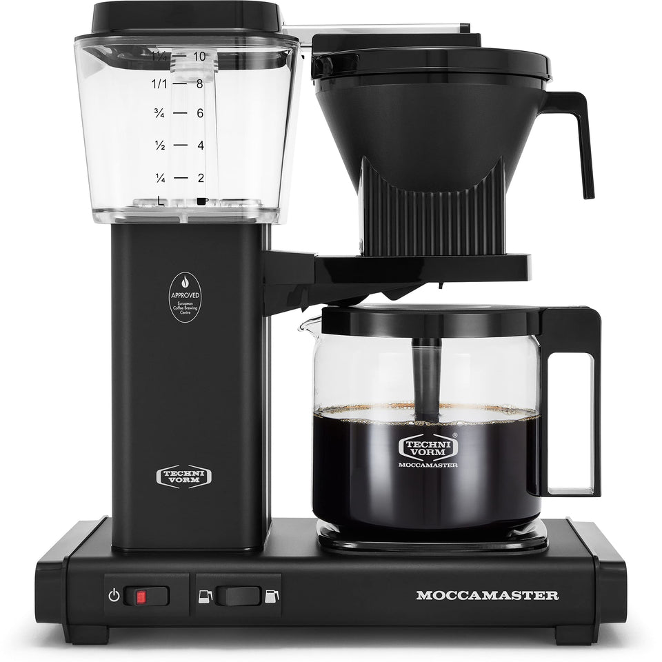 Technivorm Moccamaster KBGV Select front view in matte black ready for quick, consistent brews.