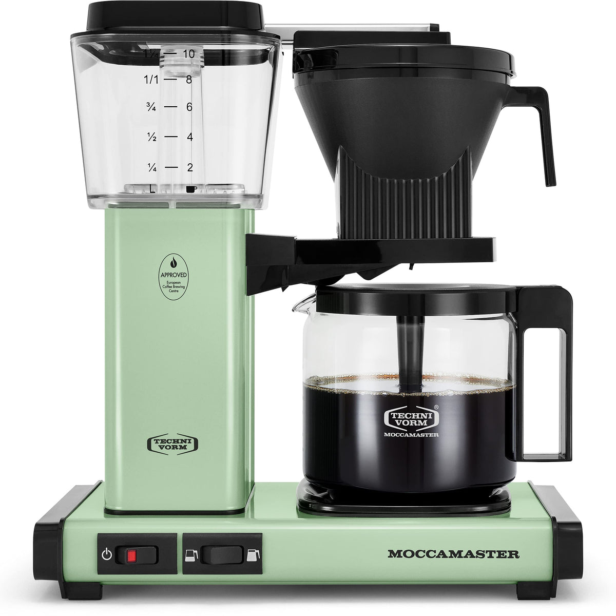 Technivorm Moccamaster KBGV Select pistachio green front view, compact and kitchen-friendly.