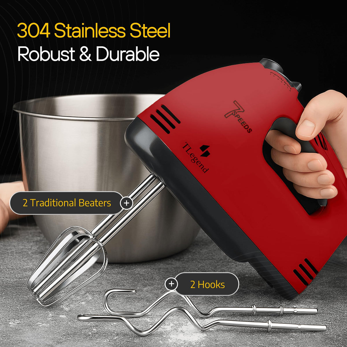 TechnoLegend hand mixer compact design makes storage easy in small kitchens.