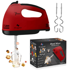 TechnoLegend hand mixer red handle closeup shows ergonomic grip for comfort.
