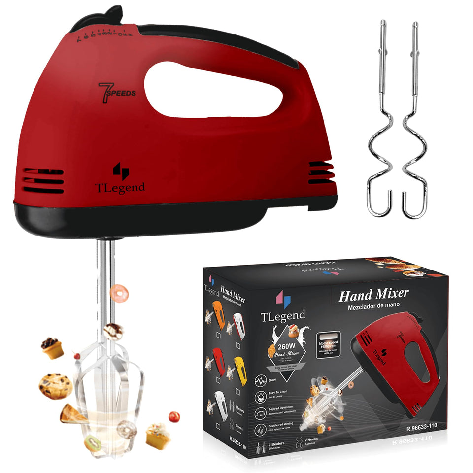 TechnoLegend hand mixer red handle closeup shows ergonomic grip for comfort.