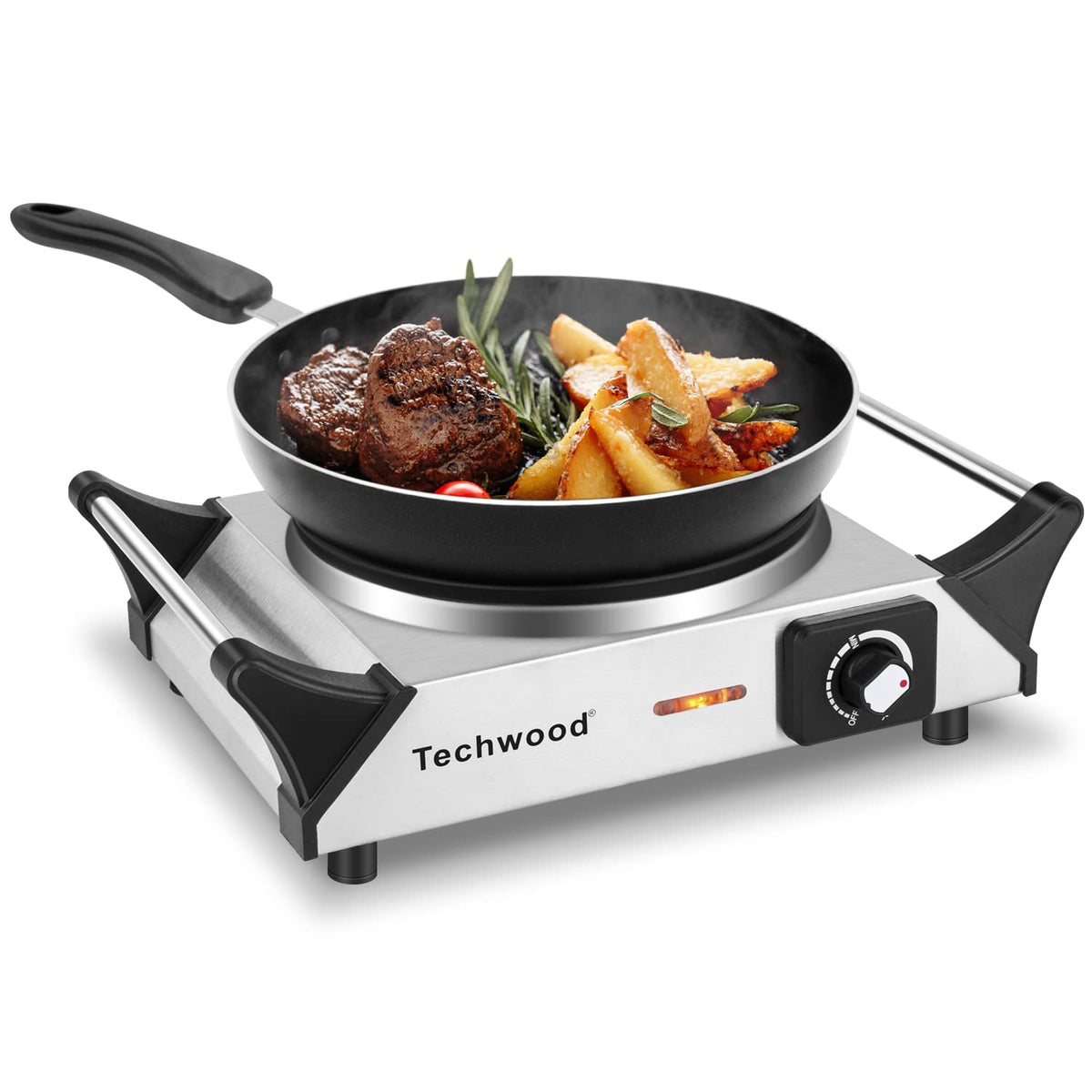 Techwood hot plate 1500W on counter for quick meals and compact kitchens.