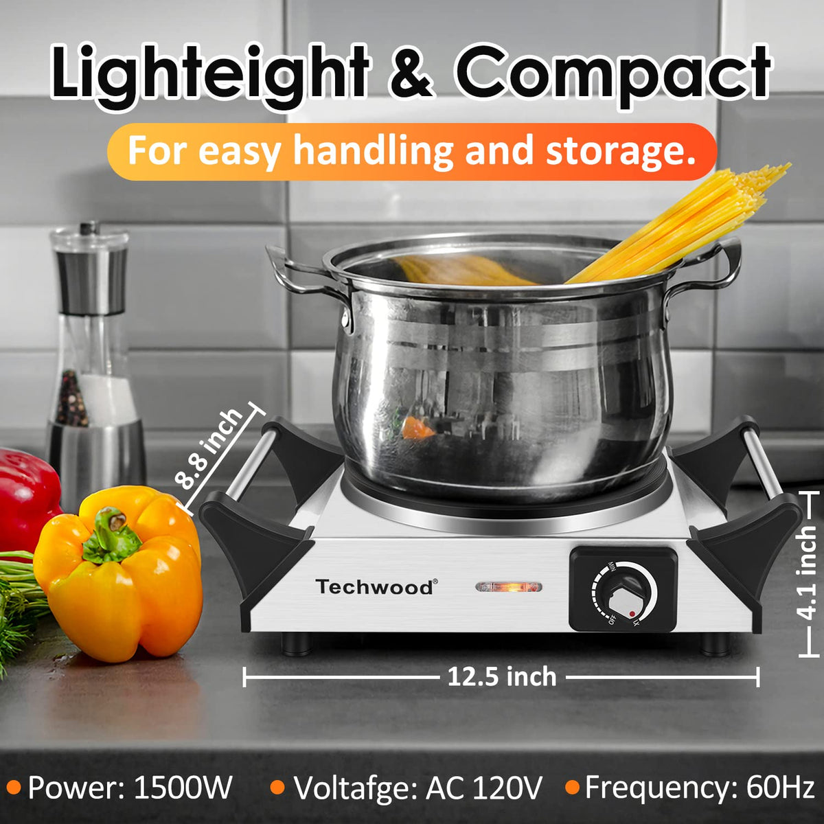 Techwood hot plate compatible with all cookware types for versatility.