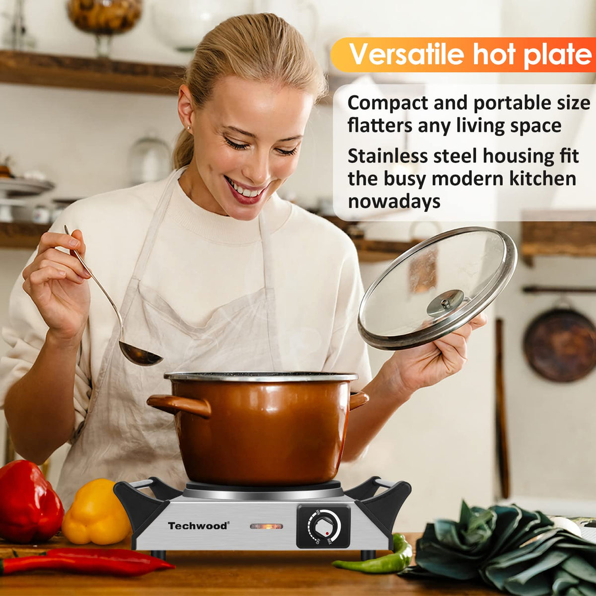 Techwood hot plate portable ideal for dorms, RVs, and camping.