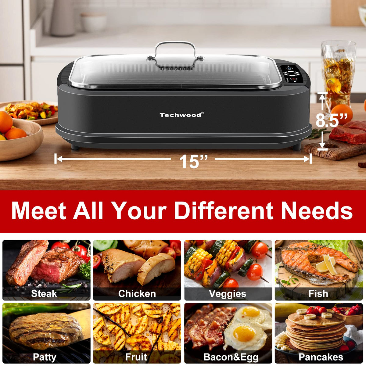 Techwood Indoor Grill with dishwasher-safe tray eases cleanup after family meals.