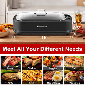 Techwood Indoor Grill with dishwasher-safe tray eases cleanup after family meals.