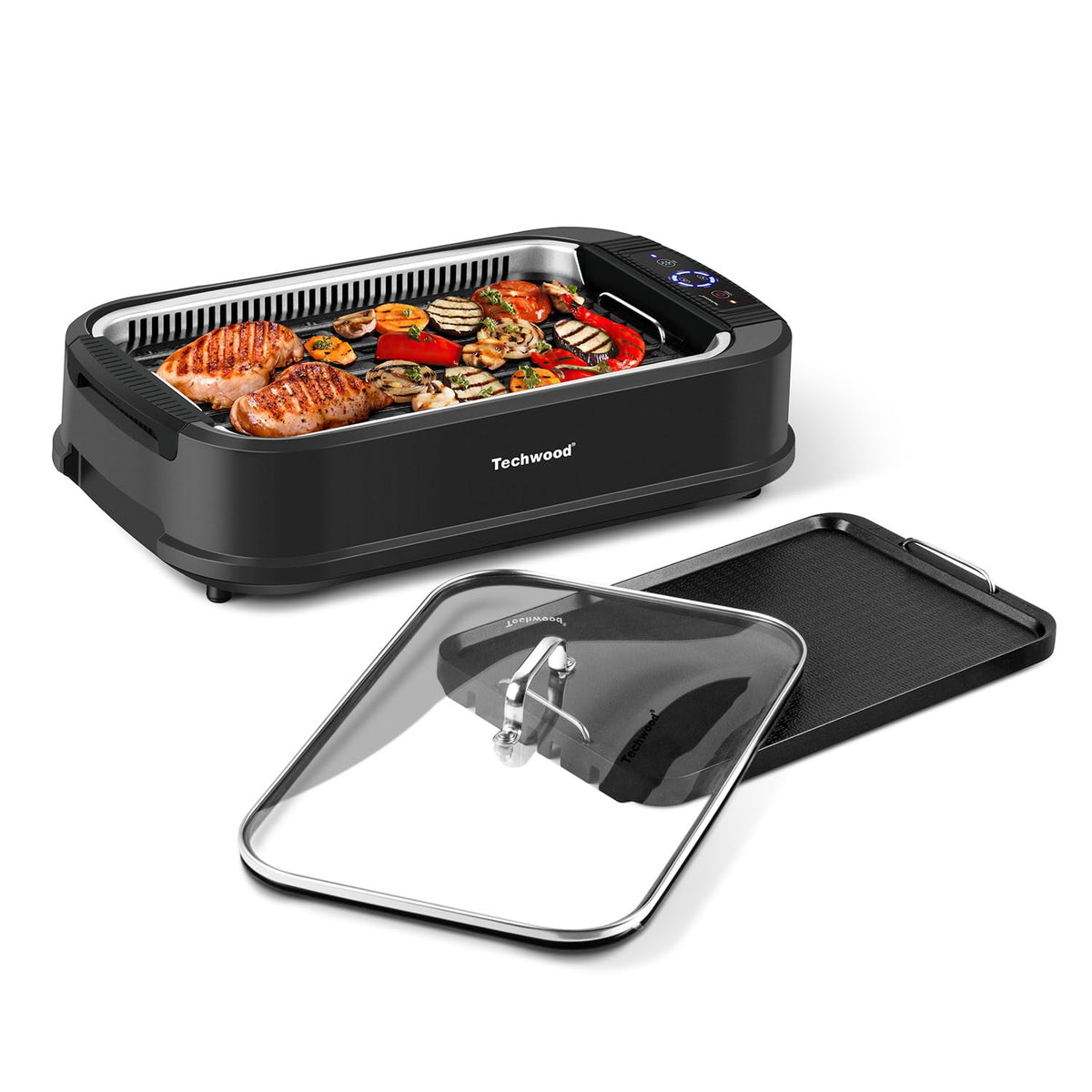 Techwood Indoor Grill front view showing smokeless design for clean, apartment-friendly grilling.