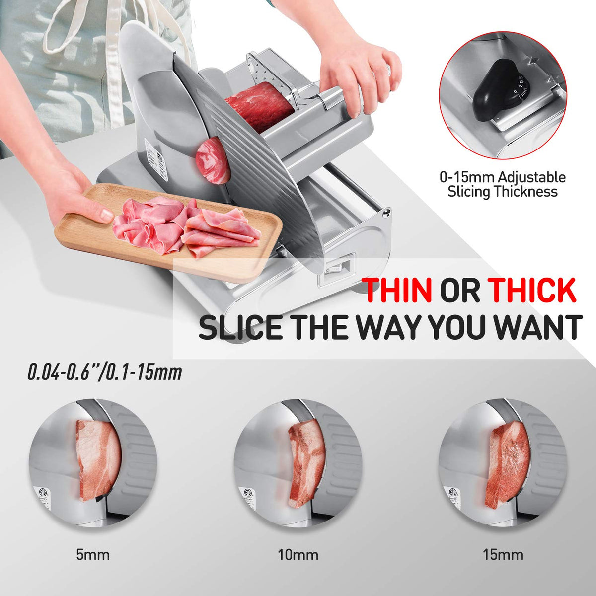 Techwood meat slicer compact design fits countertops for home use.