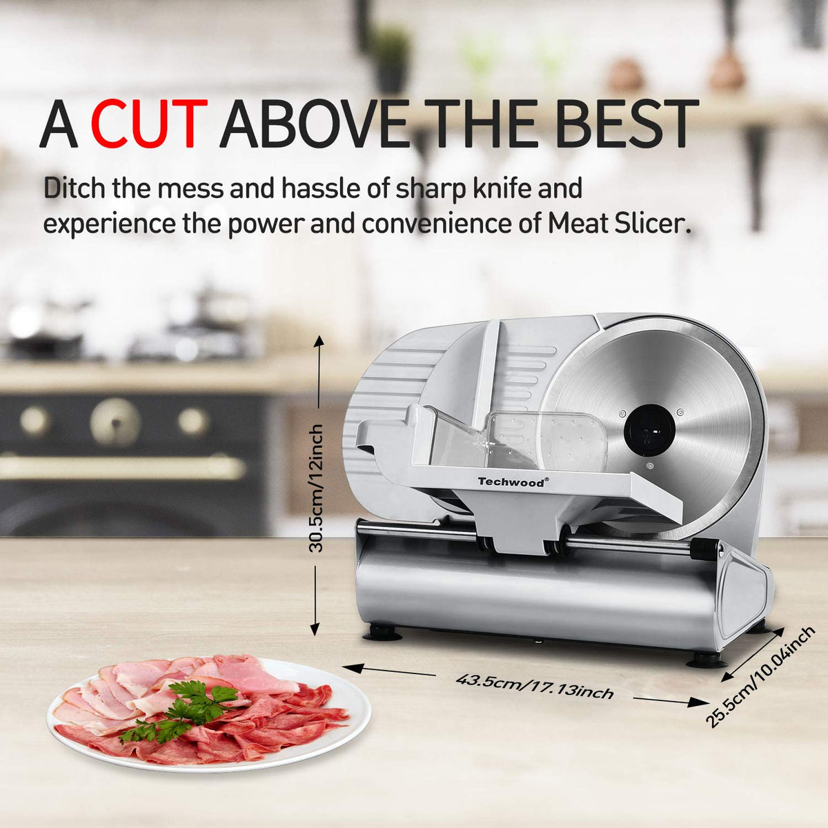 Techwood meat slicer thickness dial: 1 mm to 15 mm control for various foods.