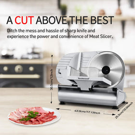Techwood meat slicer thickness dial: 1 mm to 15 mm control for various foods.