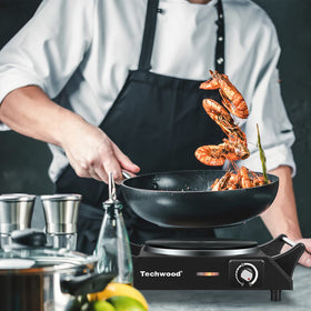 Techwood hot plate features non-slip feet and a cool handle for safety