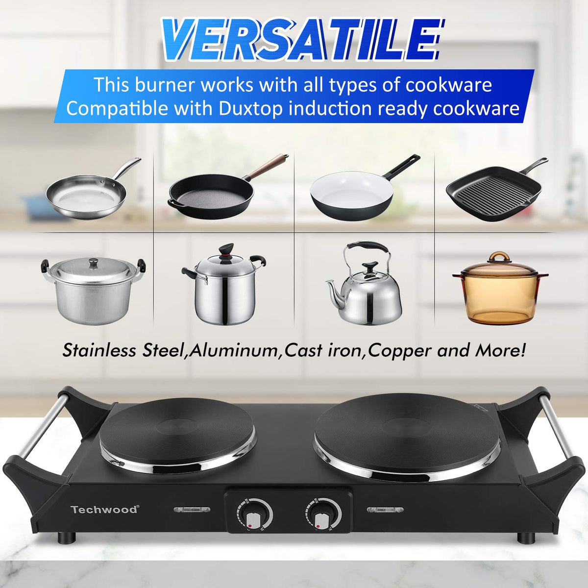 Techwood portable electric stove shown in compact front view.