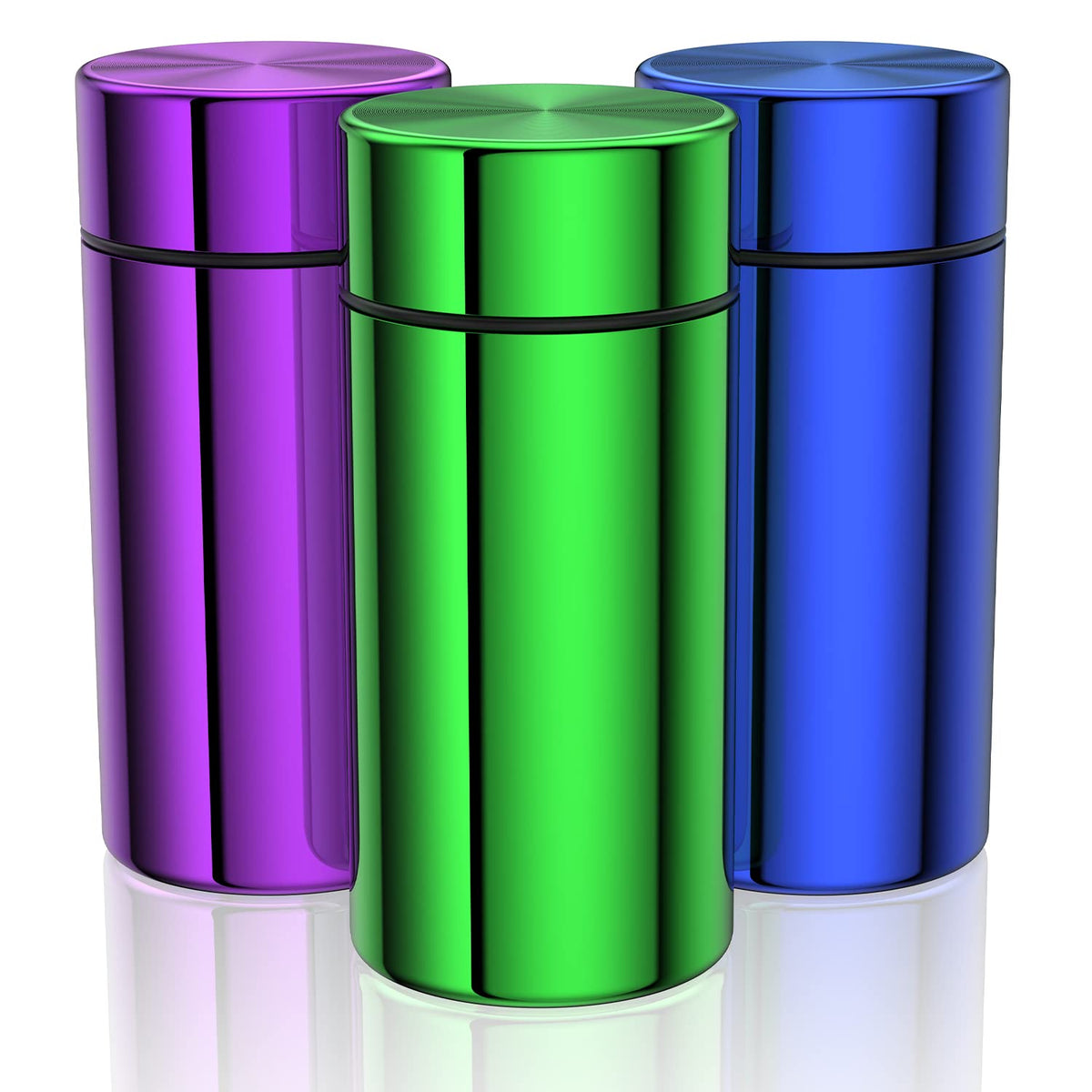 TecQach 3-pack portable aluminum storage jars display compact, on-the-go organization.