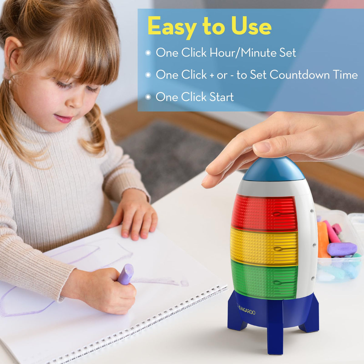 Ted Kangaroo Countdown Timer traffic-light system guides transitions with color cues.