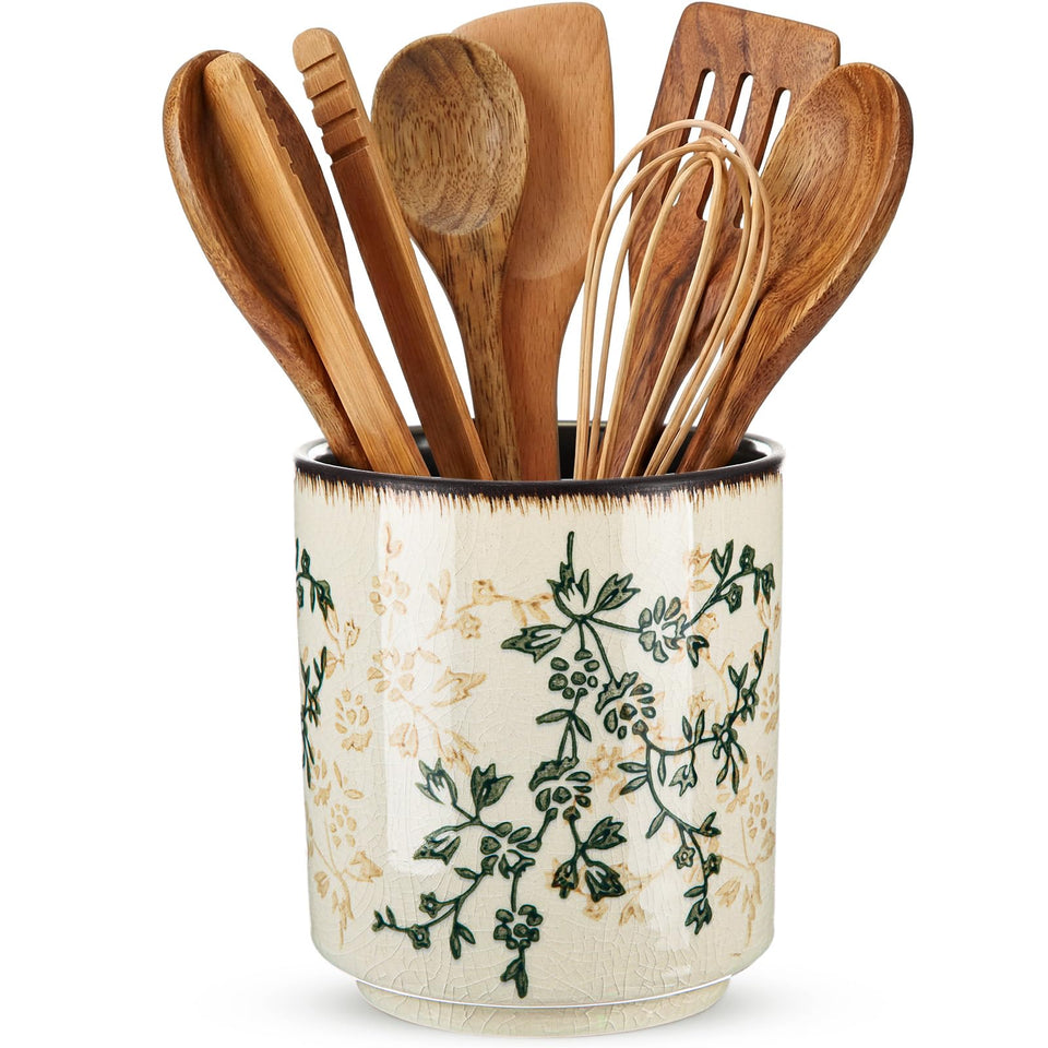 Teecyhooo utensil holder front view with green crackle glaze, adding rustic charm.