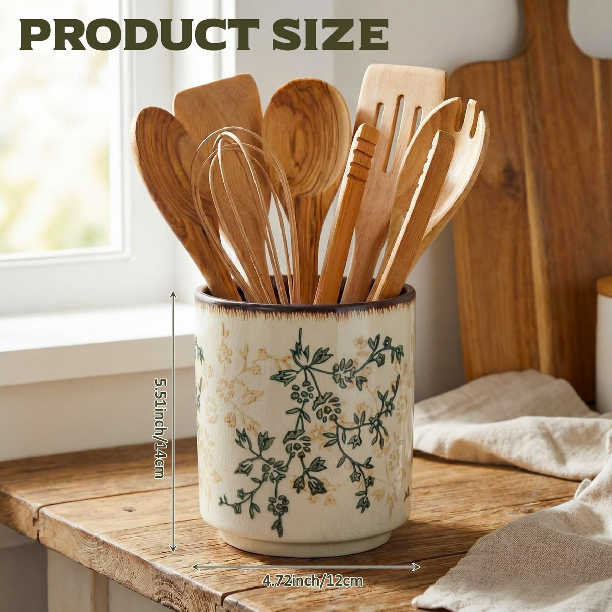 Teecyhooo utensil holder side view shows floral detail and warm farmhouse vibe.