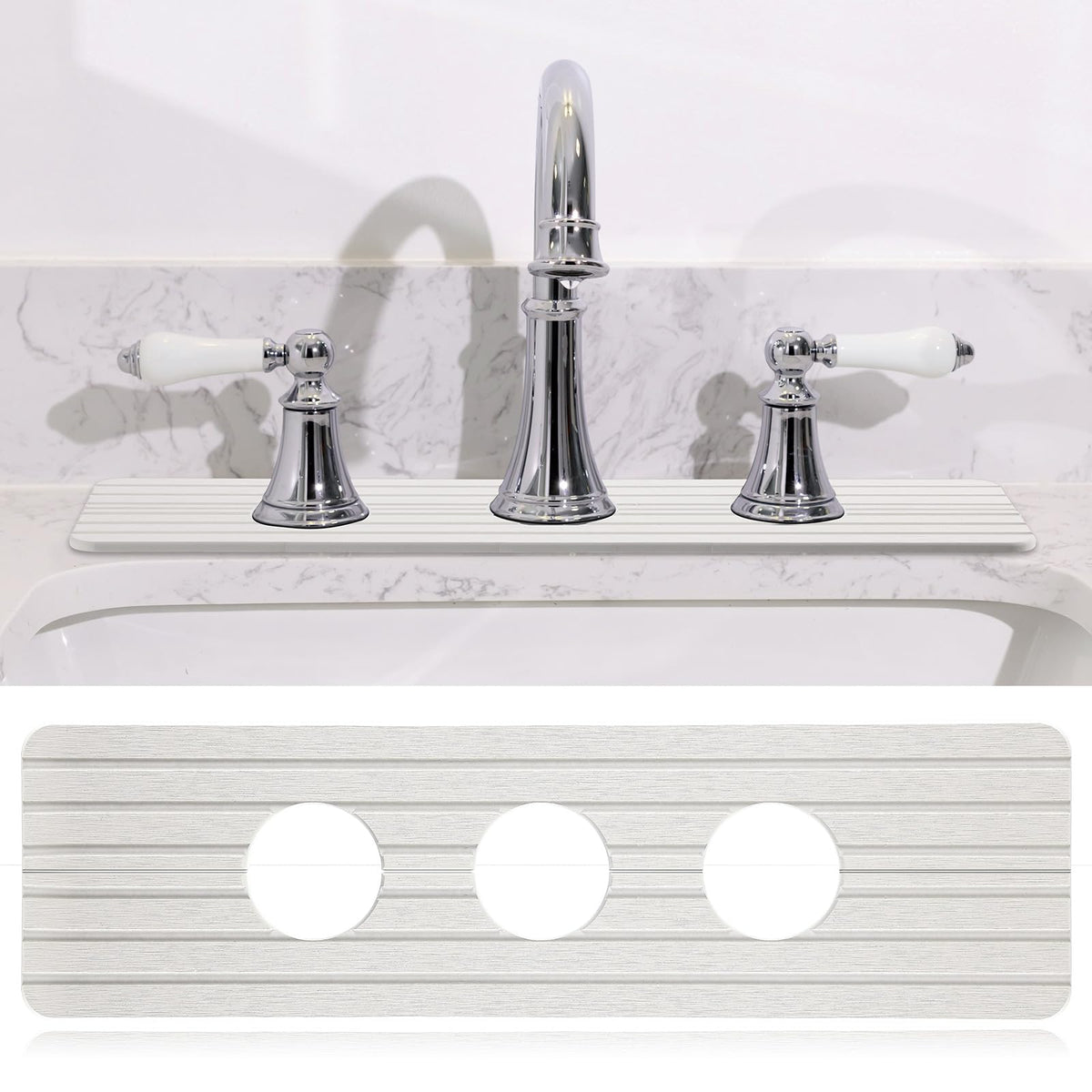 Teenyyou 3-hole white faucet mat showing three holes for secure fit and fast absorption.
