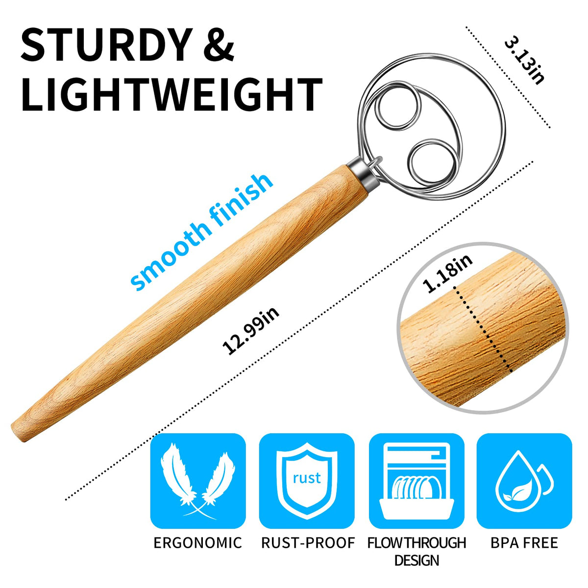 Ergonomic non-slip wooden handle reduces fatigue