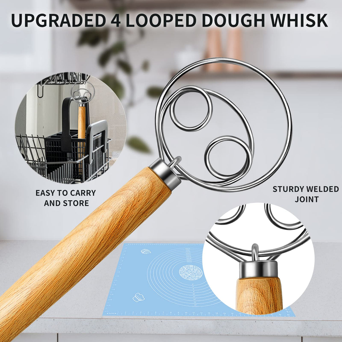 TEEVEA dough whisk with wooden handle for comfortable kneading