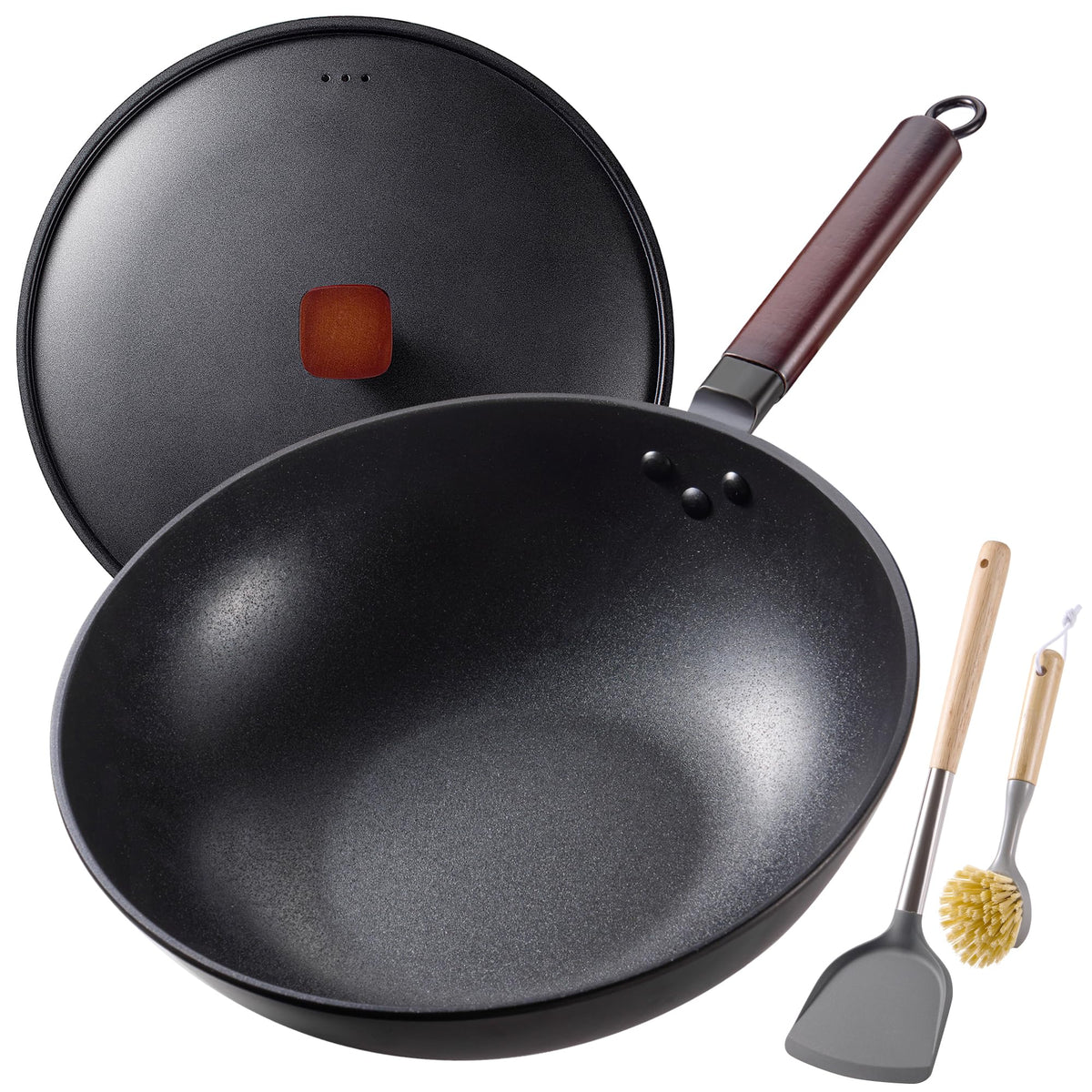 Teewe carbon steel wok 13-inch with lid offers even heat for quick stir-fries.