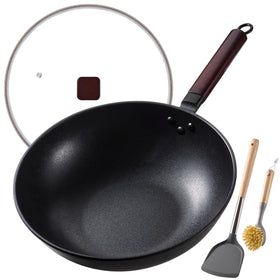 Teewe 13-inch carbon steel wok with glass lid for precise cooking monitoring