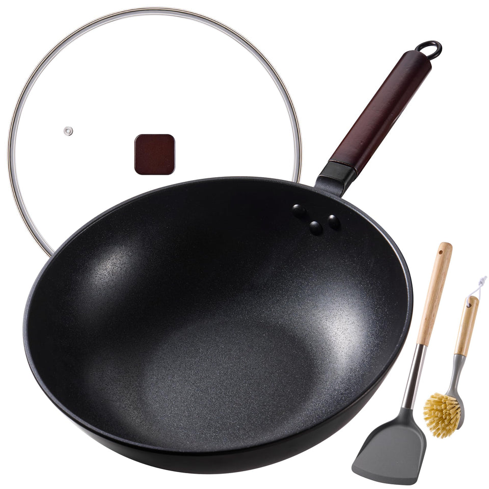 Teewe 13-inch carbon steel wok with glass lid for precise cooking monitoring