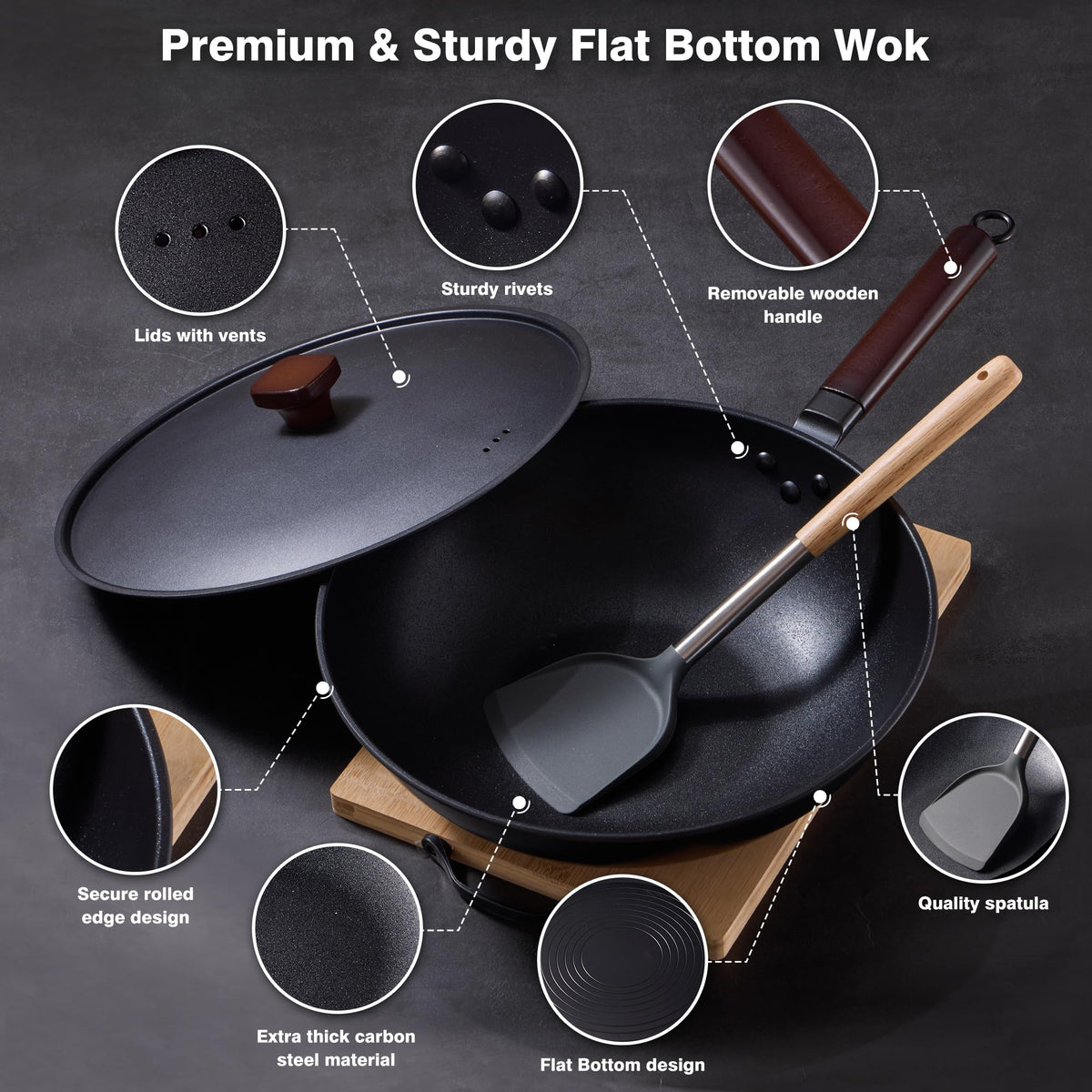 Teewe flat-bottom wok works on induction, gas, and electric stoves.