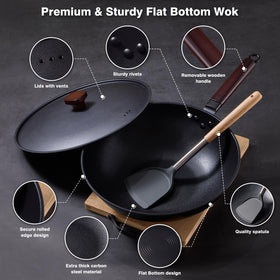Teewe flat-bottom wok works on induction, gas, and electric stoves.
