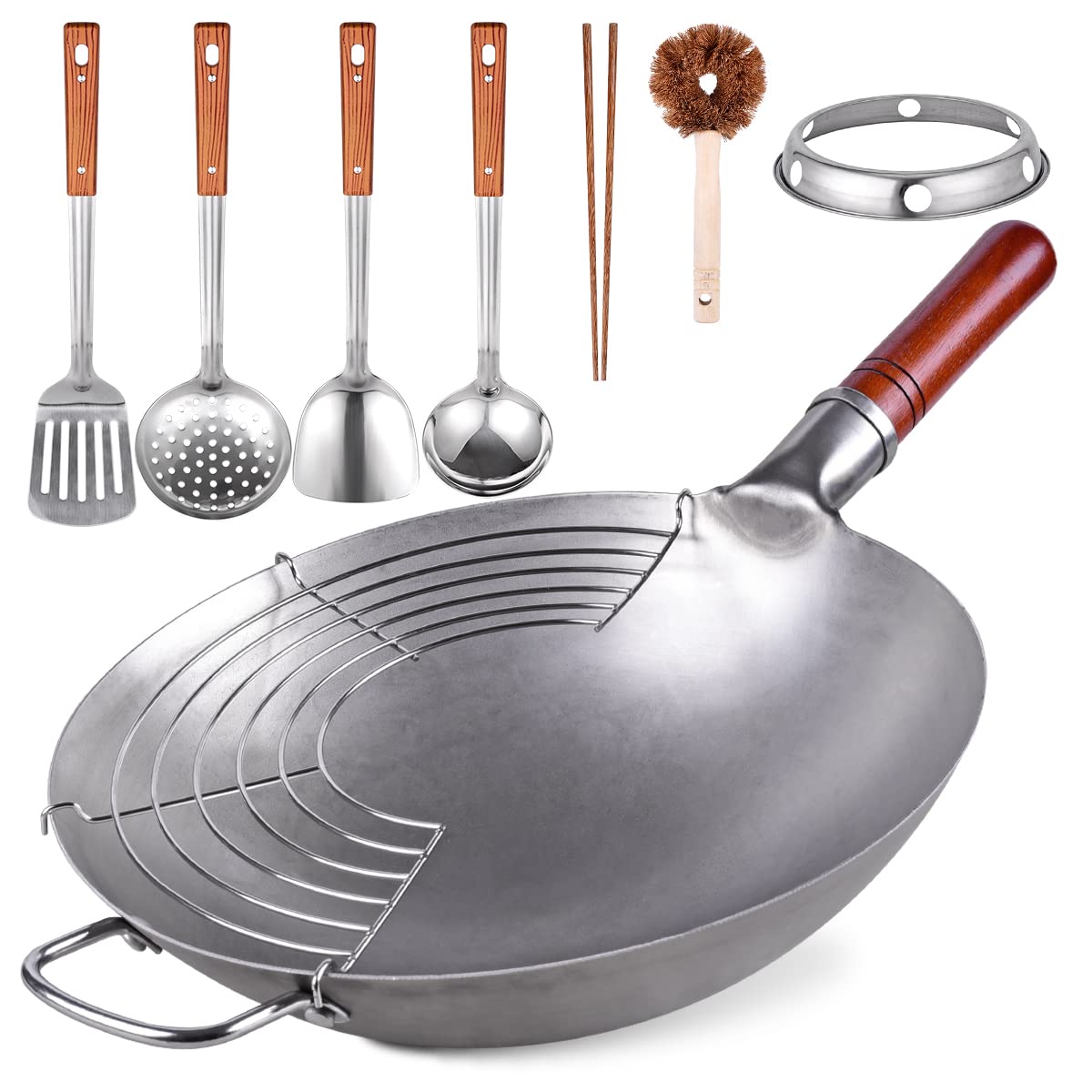 Teewe carbon steel wok with traditional hammering and round bottom for even heat (main image)