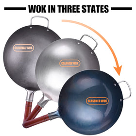 Wok with wooden handle and steel helper for secure grip and safe lifting