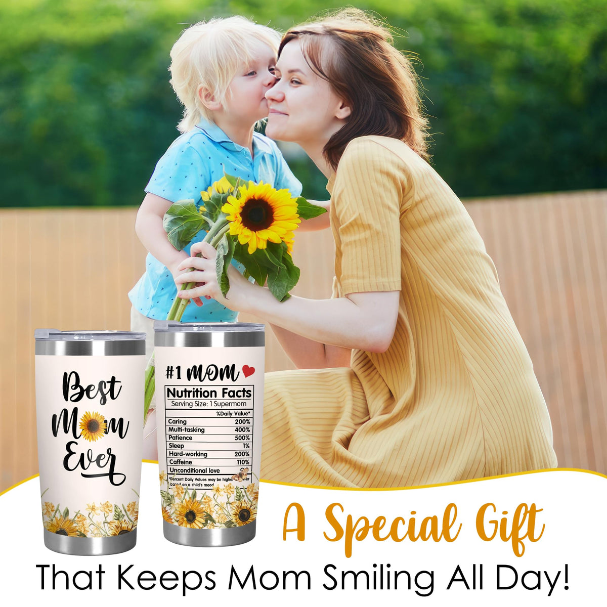 TEEZWONDER sunflower tumbler gift-pack ready, ideal for Mother's Day gifting.