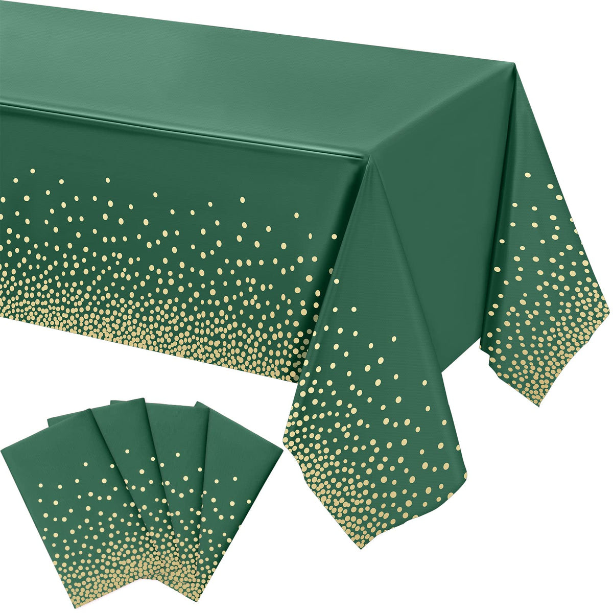 Tegeme green and gold tablecloth 4-pack on a table, party-ready style.