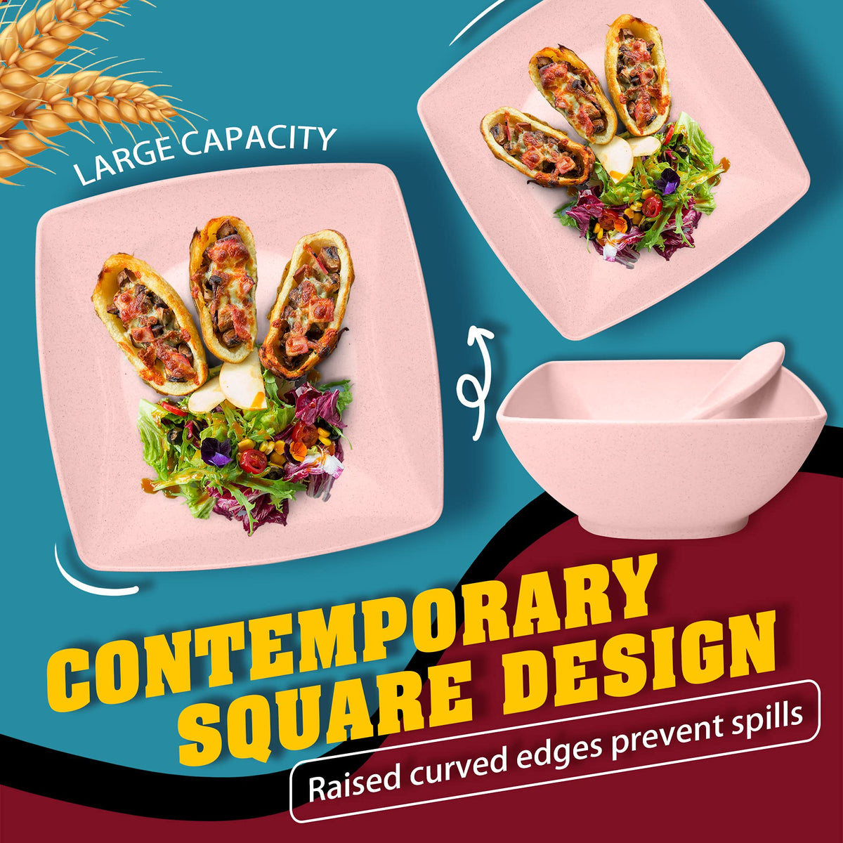 Teivio pink square dinnerware set – complete 16-piece kit for four.