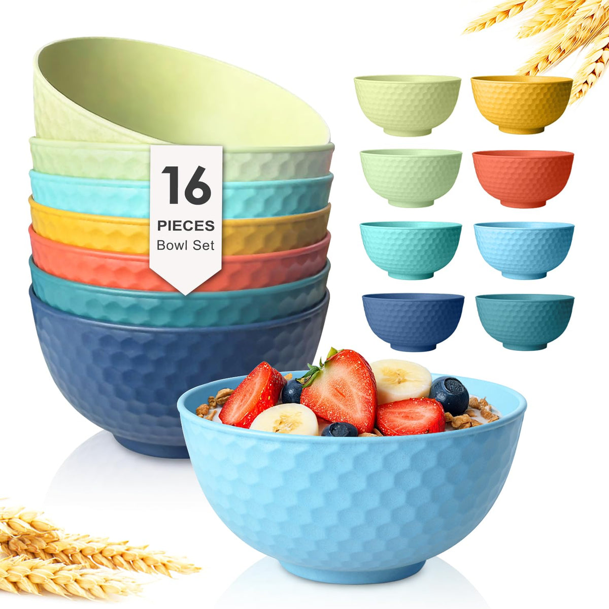 Teivio 16-piece wheat straw bowls in multicolor for daily meals and versatility