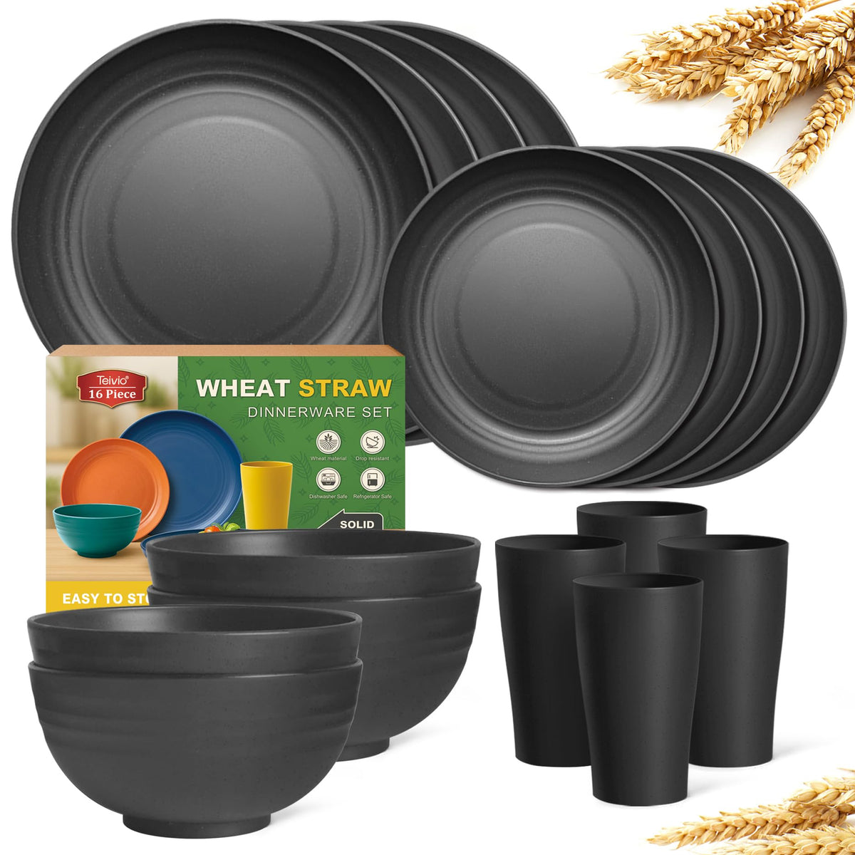 Teivio 16pc wheat straw dinnerware set in black for family meals and outdoor use.