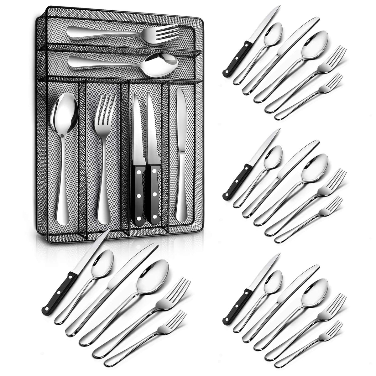 Teivio 24-piece silverware set laid out for four, complete service with mirror finish.