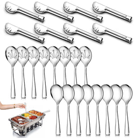 Teivio 24-pack stainless steel serving utensils on a buffet for durable service