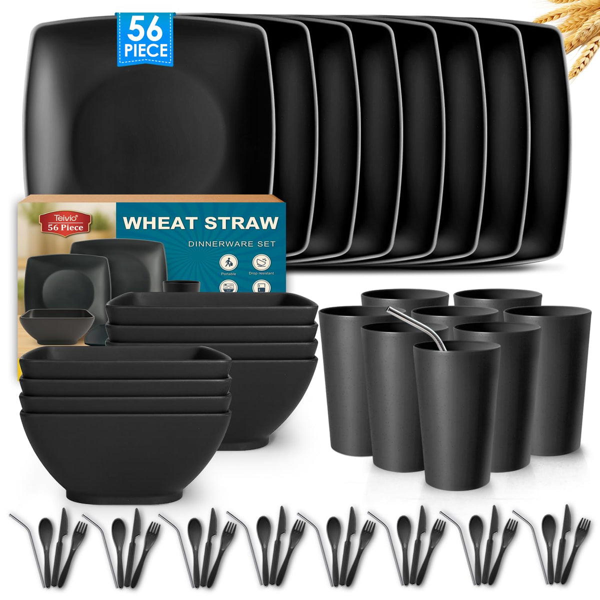 Teivio 56-piece square dinner plate showing unbreakable, kid-friendly design for daily meals